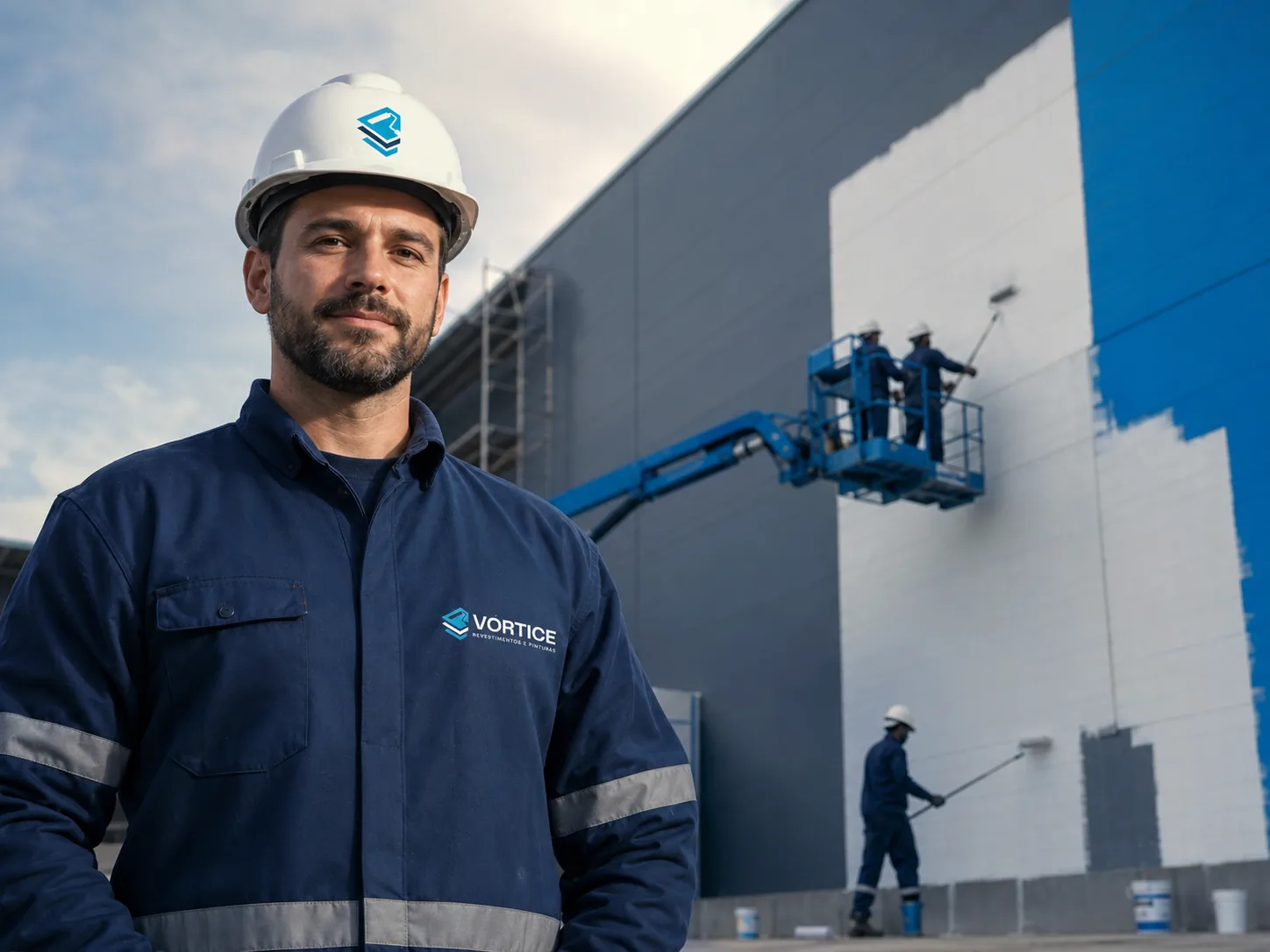 Encarregado da Vórtice em obra de pintura de fachada industrial em Goiânia, com equipe em plataforma elevatória ao fundo